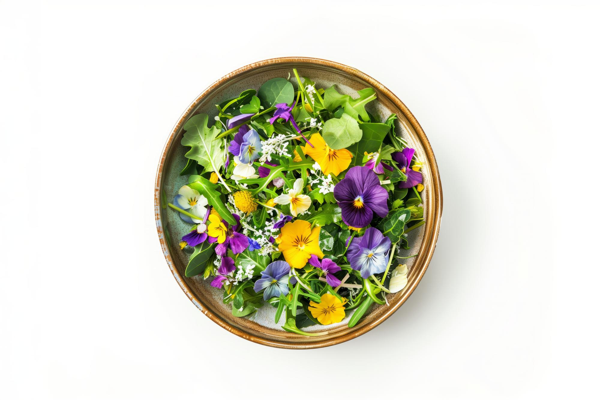 Plated seasonal salad with edible flowers